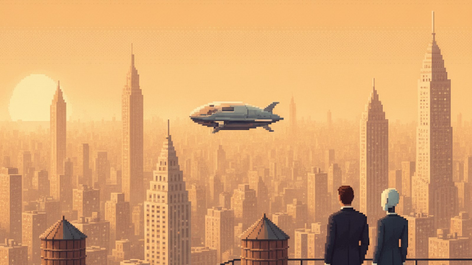 Pixel-art Manhattan skyline at golden hour, two figures on a rooftop and a flying capsule